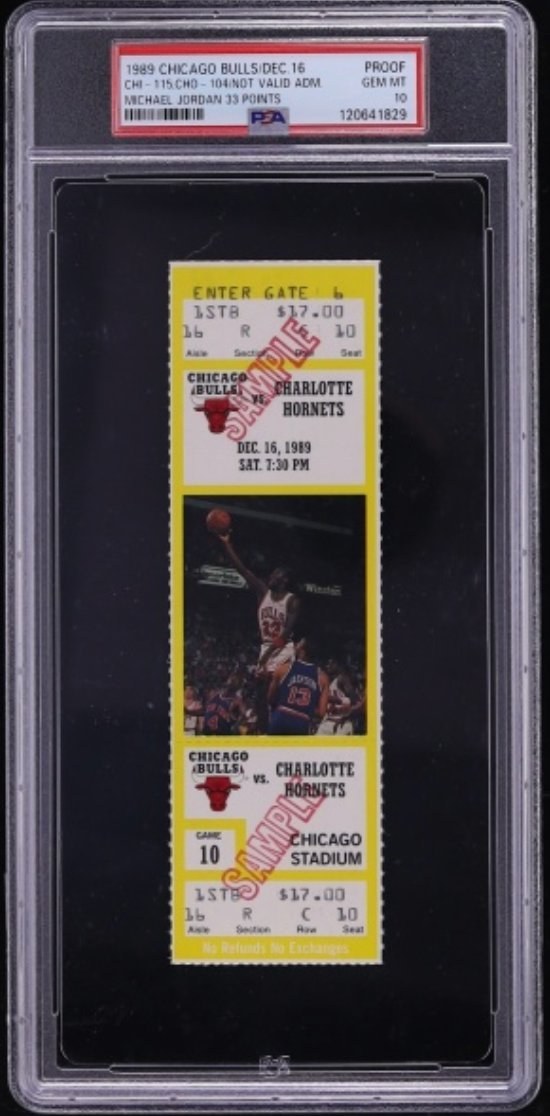 1989 Bulls vs Hornets Michael Jordan 33 points full ticket PSA 10