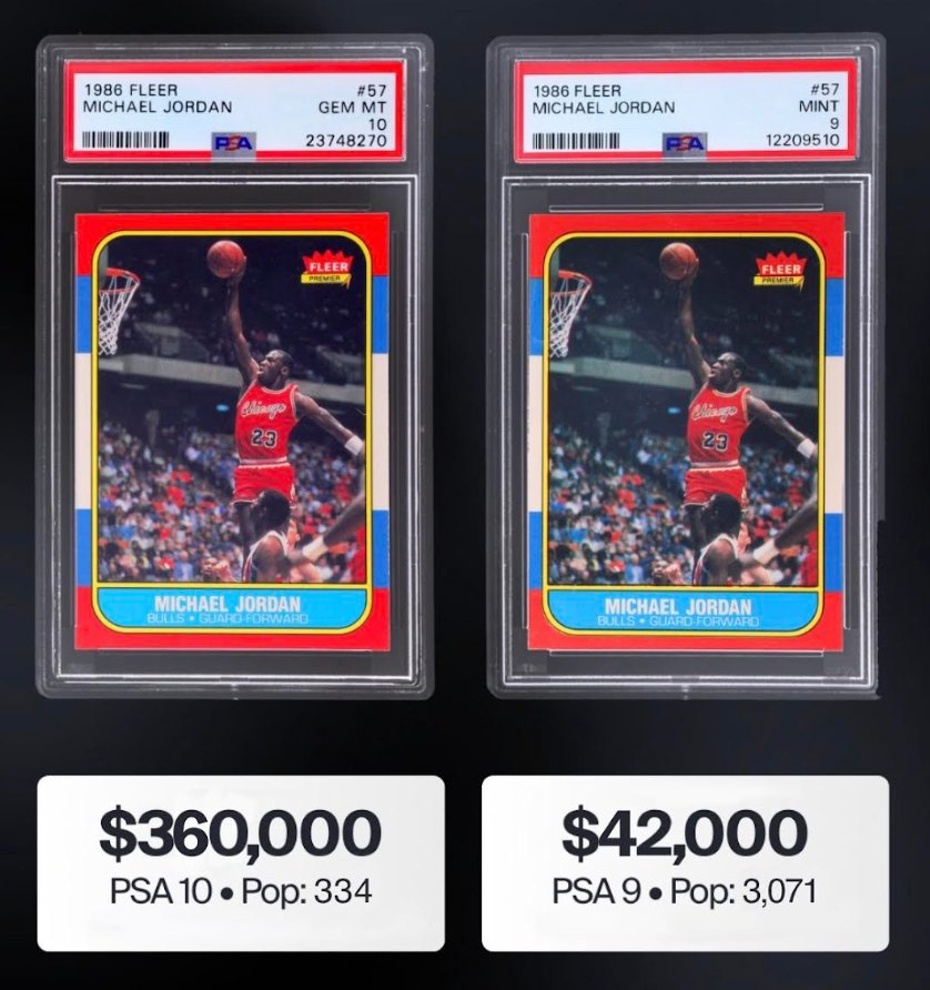 1986 Fleer Michael Jordan rookie — PSA 10 vs PSA 9 value comparison graded slab label