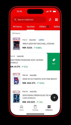 Collection management app showing vaulted graded cards and live values